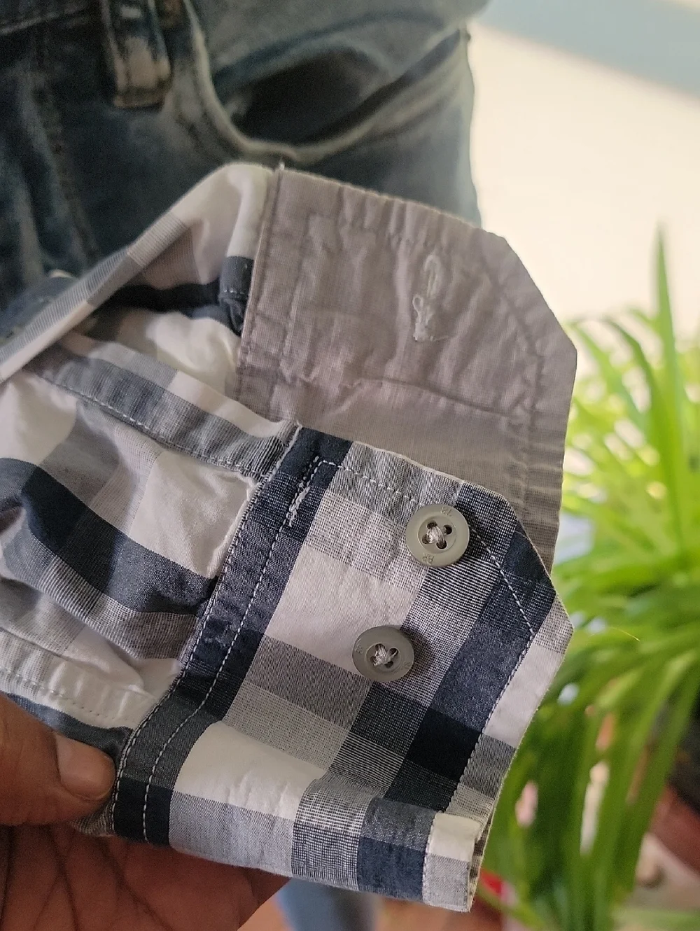 Banana Republic Men’s Navy and Gray Plaid Button-Down Shirt